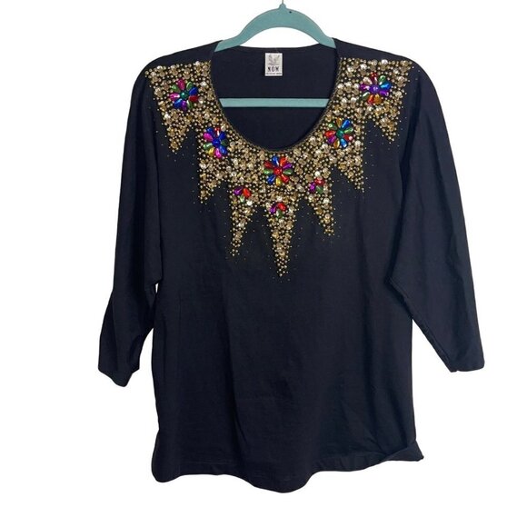 Now Collection Design Vintage Top Size Large Dolman Sleeve Cotton Sequin Beaded - Picture 1 of 9